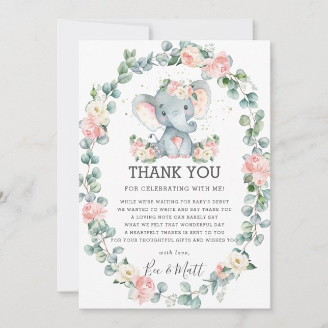Carte De Remerciements Eléphant Baby shower rose Floral vert fille (Devant)