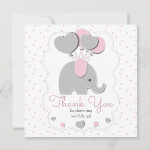 Carte De Remerciements éléphant bébé fille gris rose