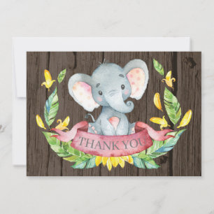 Carte De Remerciements Éléphant Bébé Fille Mignon Rustique Rose et Gris