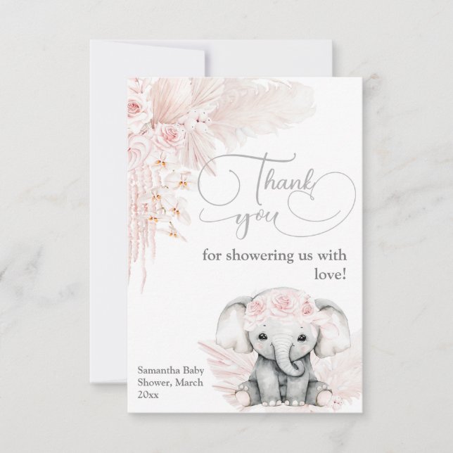 Carte De Remerciements Elephant Blash Baby shower Boho Rose Fleur (Devant)