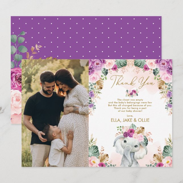 Carte De Remerciements Eléphant Blush rose violet Baby shower Floral Fill (Devant / Derrière)