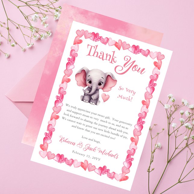 Carte De Remerciements Elephant Coeurs roses Baby shower fille (Elephant Pink Hearts Girl Baby Shower Thank You Card - "A Little Sweetheart" Elephant Collection)