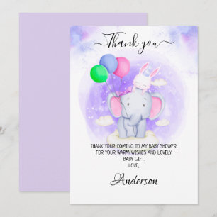 Carte De Remerciements Eléphant de fille, lapin avec Baby shower de ballo