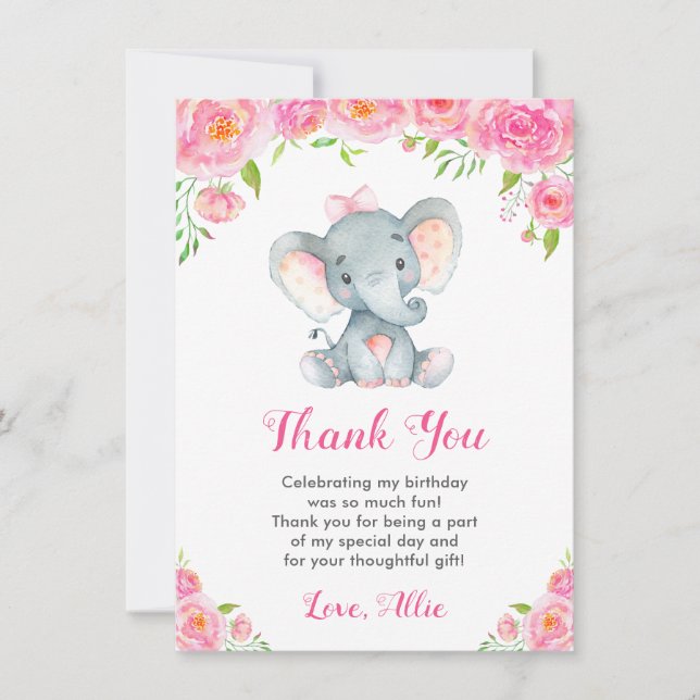Carte De Remerciements Elephant Fille rose fête d'anniversaire Little Pea (Devant)