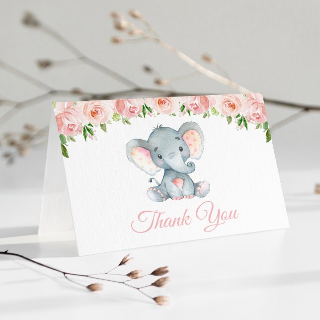 Carte De Remerciements Eléphant, Fleurs Aquarelles Roses, Premier Anniver (Créateur téléchargé)