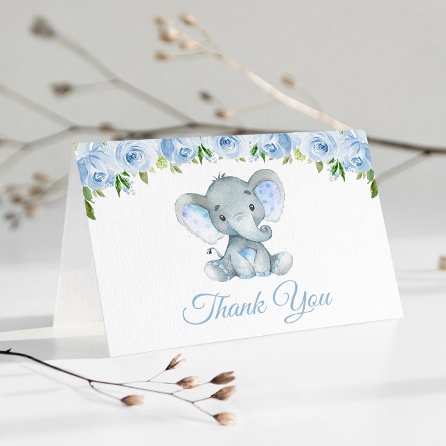Carte De Remerciements Eléphant, Fleurs d'aquarelle bleue, Baby shower (Créateur téléchargé)