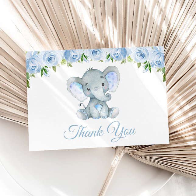 Carte De Remerciements Eléphant, Fleurs d'aquarelle bleue, premier annive (Créateur téléchargé)