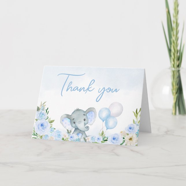 Carte De Remerciements Eléphant Floral Bleu Balloon (Devant)