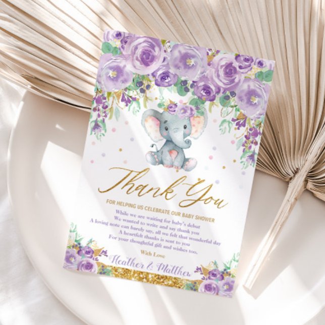 Carte De Remerciements Eléphant Floral mou Baby shower bébé fille (Créateur téléchargé)
