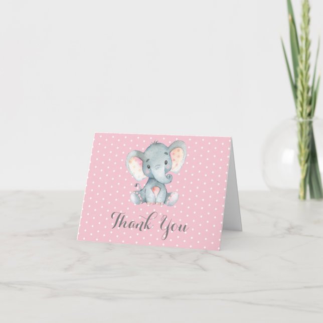 Carte De Remerciements Éléphant Mignon Bébé Fille Rose et Gris (Devant)