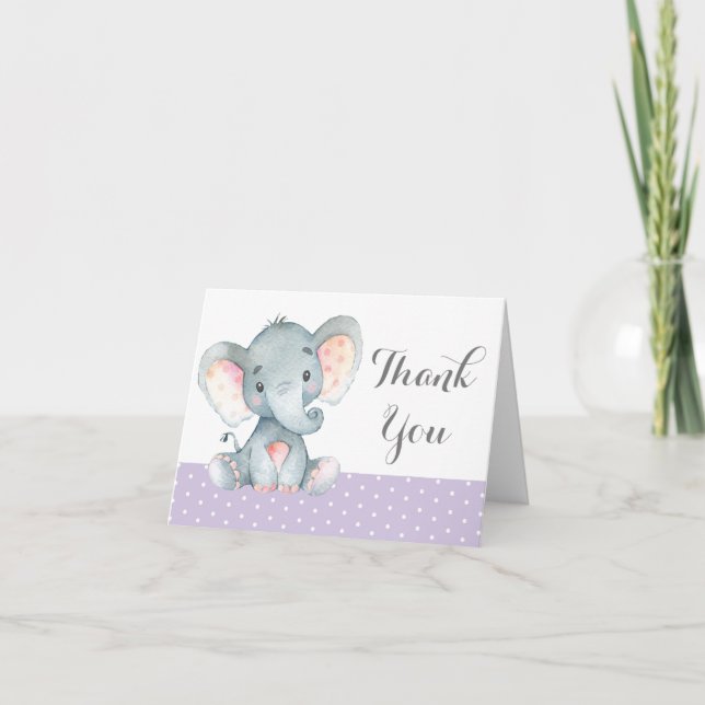 Carte De Remerciements Éléphant Mignon Bébé Fille Violet et Gris (Devant)