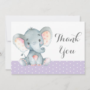 Carte De Remerciements Éléphant Mignon Bébé Fille Violet et Gris