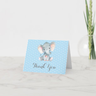 Carte De Remerciements Éléphant Mignon Bébé Garçon Bleu et Gris