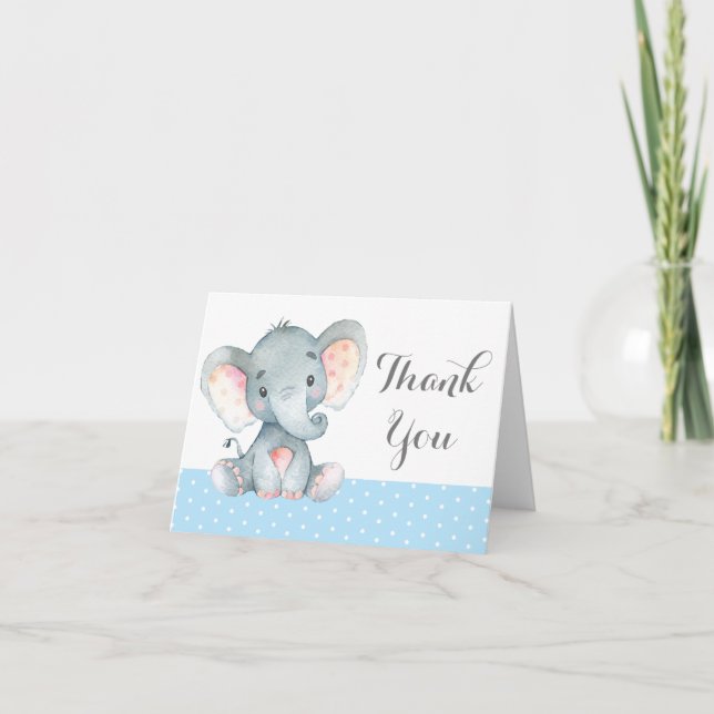 Carte De Remerciements Éléphant Mignon Bébé Garçon Bleu et Gris (Devant)