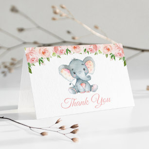 Carte De Remerciements Elephant, Pink Watercolor Flowers, First Birthday