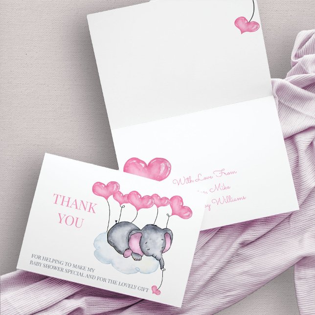 Carte De Remerciements Eléphant rose Baby shower sur nuage (Thank You card with cute baby elephant and pink love heart balloons)