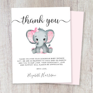 Carte De Remerciements Eléphant rose bébé fille douche