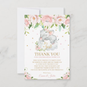 Carte De Remerciements Eléphant rose doux Baby shower floral