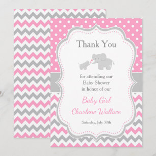 Carte De Remerciements Eléphant rose et gris Baby shower