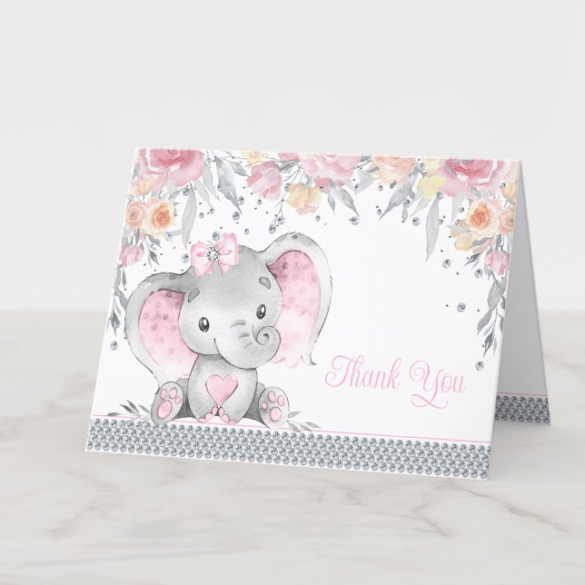 Carte De Remerciements Eléphant rose Gris Diamant Baby shower floral (Add your message to the inside or leave blank for your handwritten message when they arrive.)