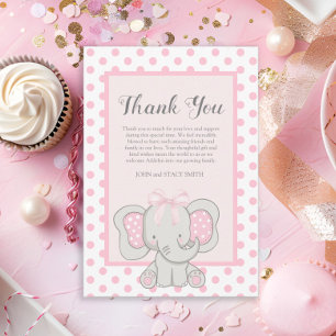 Carte De Remerciements Eléphant rose mignon Pois bébé fille douche