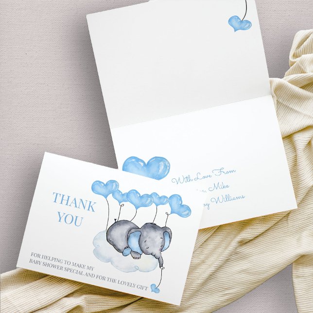 Carte De Remerciements Eléphant sur le Baby shower bleu nuageux (thank you card with cute baby elephant and blue balloons)