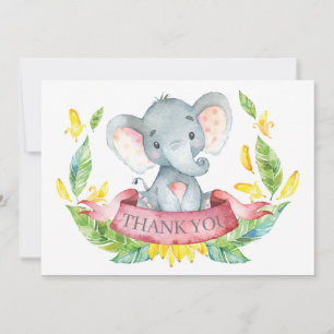 Carte De Remerciements Éléphanteau Fille Mignonne Rose et Gris