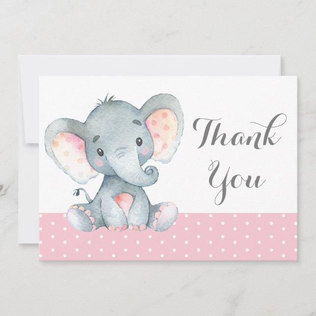 Carte De Remerciements Éléphanteau Fille Mignonne Rose et Gris (Devant)