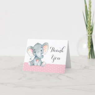Carte De Remerciements Éléphanteau Fille Mignonne Rose et Gris