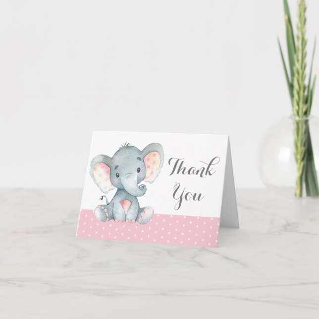Carte De Remerciements Éléphanteau fille mignonne rose et gris (Devant)