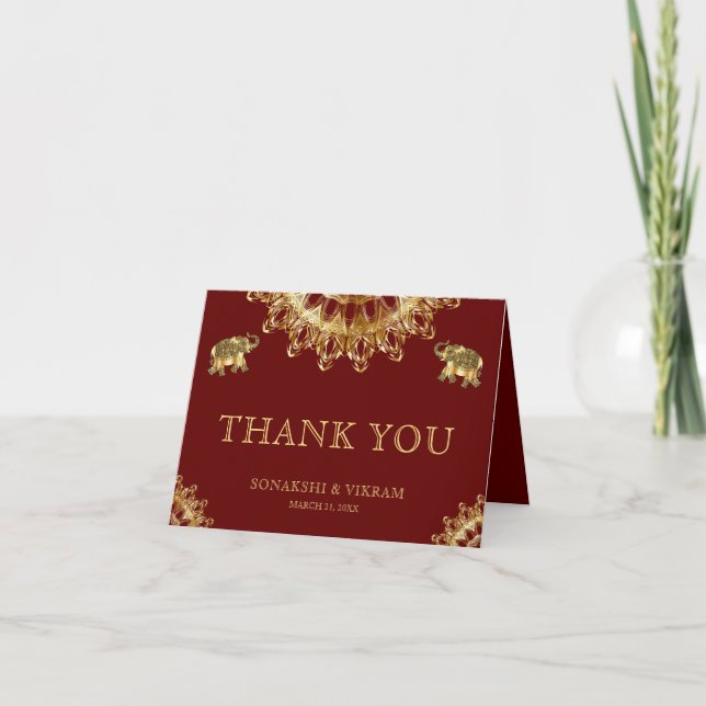 Carte De Remerciements Eléphants d'ethnie rouge Mariage indien (Devant)