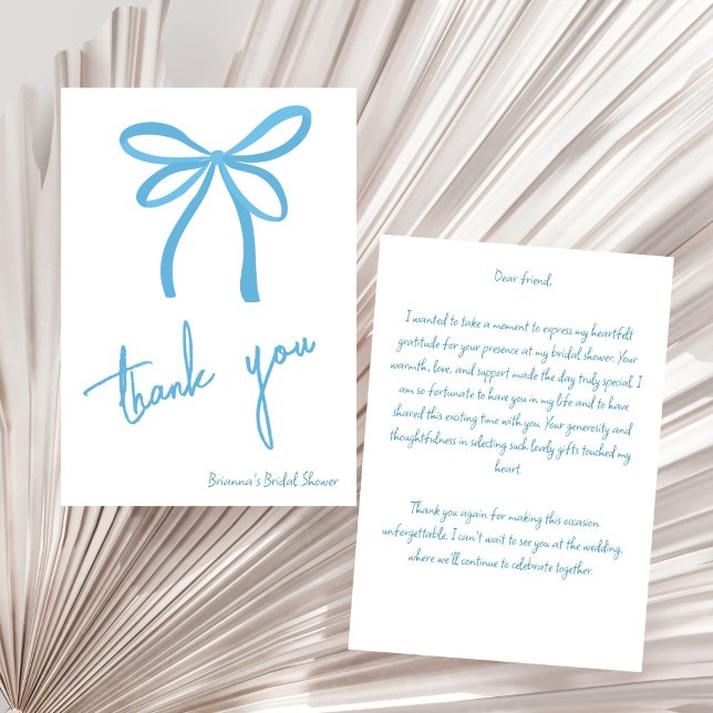 Carte De Remerciements Elle attache le noeud bleu ruban arc (She's tying the knot blue ribbon bow bridal shower thank you card)