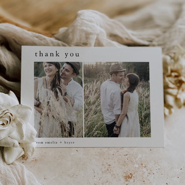 Carte De Remerciements EMELIA Flat Neutral Blanc Noir 2 Mariage photo (EMELIA Flat Neutral White Black 2 Photo Wedding Thank You Card)