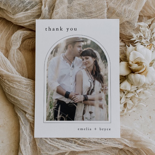 Carte De Remerciements EMELIA Flat White Black Arch Simple Mariage photo (EMELIA Flat White Black Arch Simple Photo Wedding Thank You Card)
