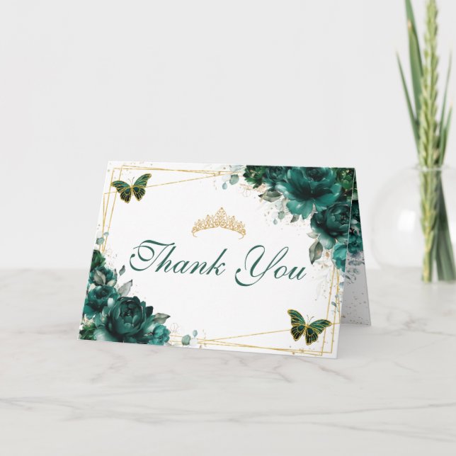 Carte De Remerciements Emerald Floral Quinceañera (Devant)