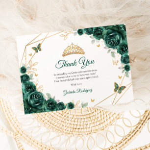 Carte De Remerciements Emerald Gold Floral Quinceanera