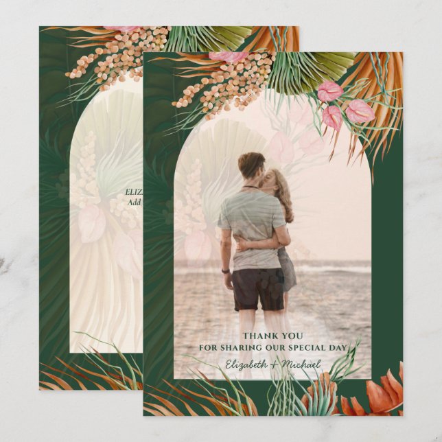 Carte De Remerciements Emerald Green Boho Tropical Pampas Grass Mariage (Devant / Derrière)