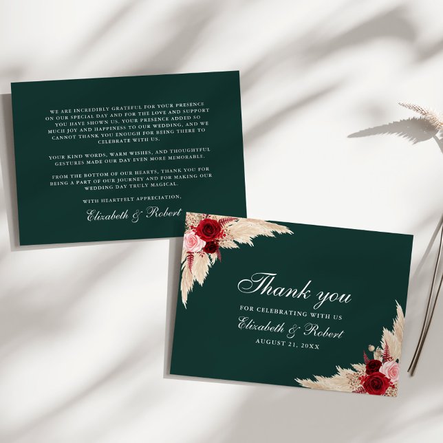 Carte De Remerciements Emerald Green Bourgogne Mariage Rose (Emerald Green Burgundy Roses Wedding Thank You Card on a sunny white table.)