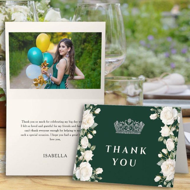 Carte De Remerciements Emerald Green Photo Princesse Tiara Quinceanera (Thank You Card from the Princess Dress and Roses Quinceanera Collection by Darling & May)