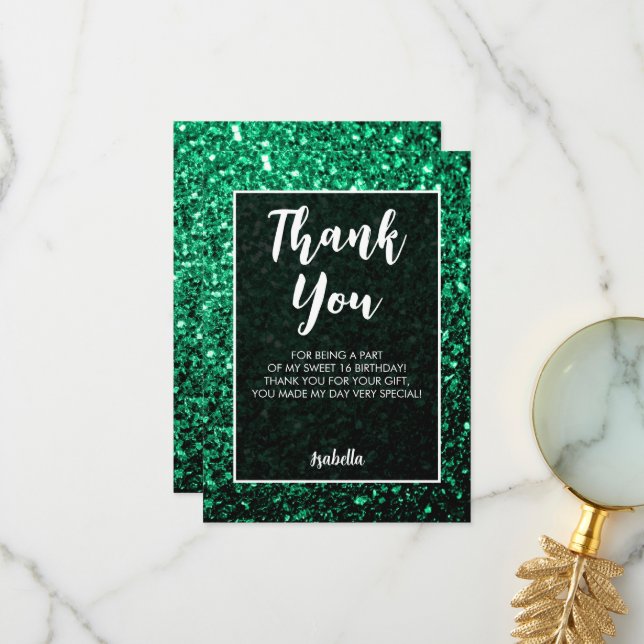 Carte De Remerciements Emerald Green scintille Sweet 16 élégant script (Devant/Arrière en situation)