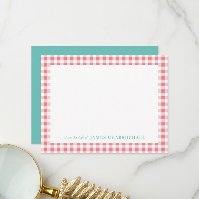 Carte De Remerciements En vichy rose avec Aqua du bureau de (Devant/Arrière en situation)