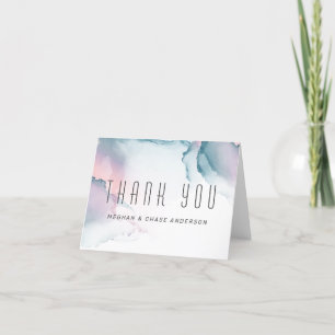 Carte De Remerciements Encre liquide moderne turquoise et blanc Rose