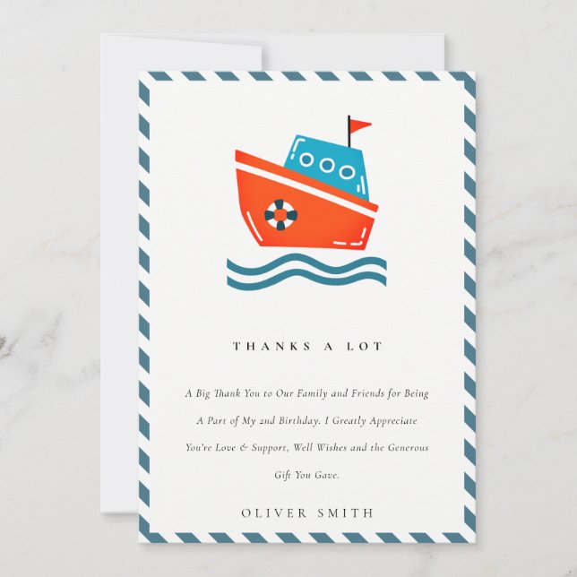 Carte De Remerciements Enfants Mignons Bateau Marin Anniversaire Tout Âge (Devant)