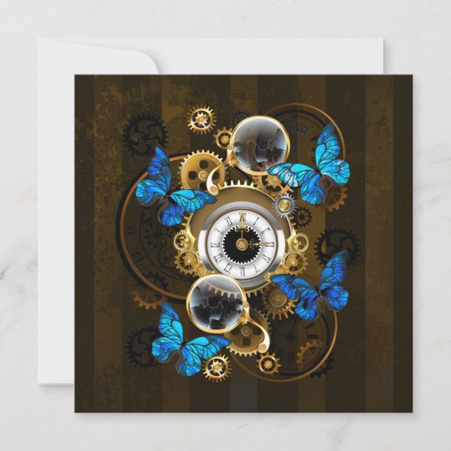 Carte De Remerciements Engrenages Steampunk et papillons bleus (Devant)