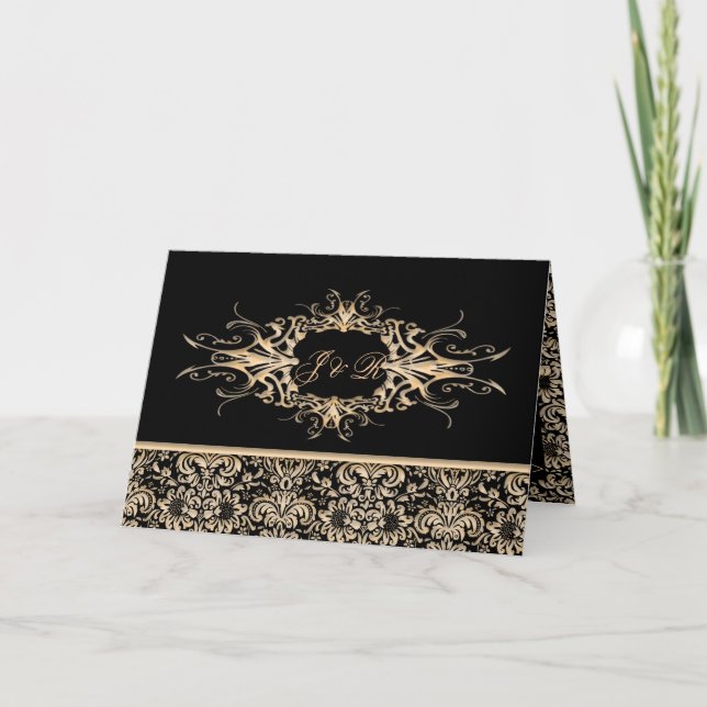 Carte De Remerciements Ensemble de mariage damassé orné noir et ivoire (Devant)