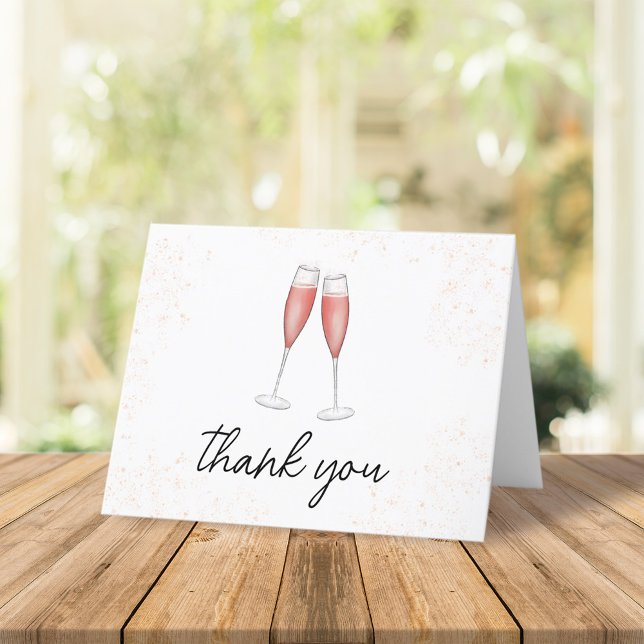 Carte De Remerciements Enterrement de Vie de Jeune Fille Écriture Calligr (Simple pink champagne toasting flutes thank you card)