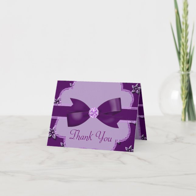 Carte De Remerciements Épouser pourpre de fleurs et de fausses pierres (Devant)