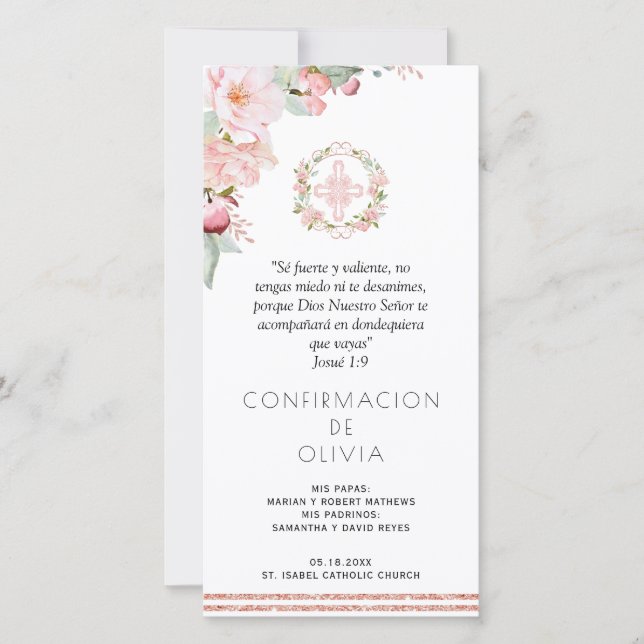 Carte De Remerciements Espagnol rose pâle Confirmation Signet Favoriser (Devant)