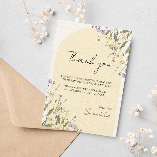 Carte De Remerciements Esthétique du 1er anniversaire de la petite fille  (Little Wildflower Thank you Cards)