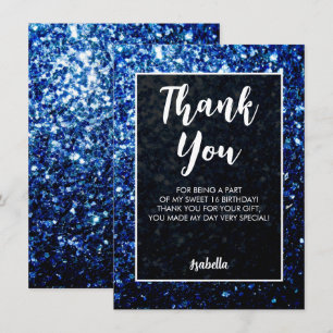 Carte De Remerciements Étincelle bleu foncé Sweet 16 élégant script